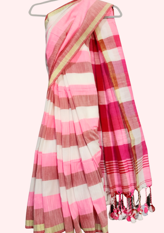 Pink & white | Khadi cotton Saree