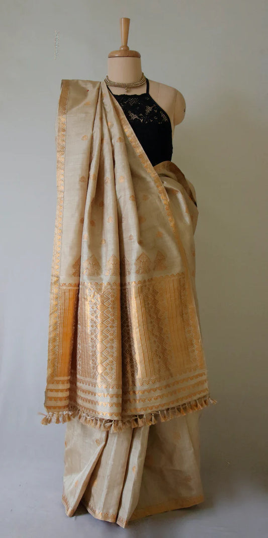 Golden | Pure Muga Silk Handloom Saree with Golden Zari Motifs-Silk Mark Certified