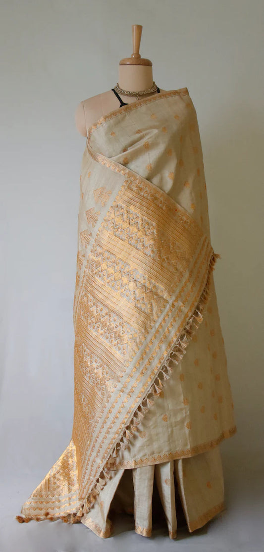 Golden | Pure Muga Silk Handloom Saree with Golden Zari Motifs-Silk Mark Certified