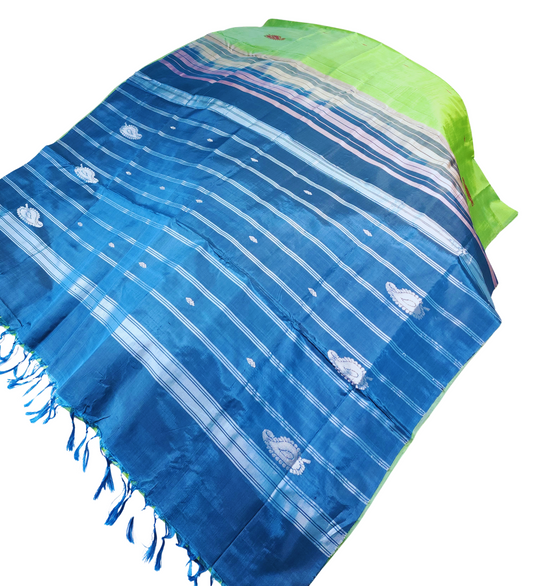 Green | Banana Pith Saree with Contrast Blue Pallu