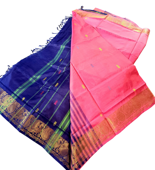 Pink | Banana Pith Saree with Contrast Blue Pallu