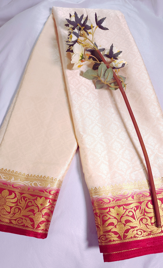 Beige & Red | Soft Silk Saree with Embossed Design & Thik Zari Border