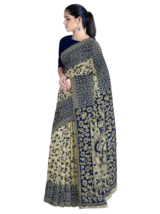 Beige & Blue | Mul Mul Cotton Handmade Pedana Kalamkari  Saree