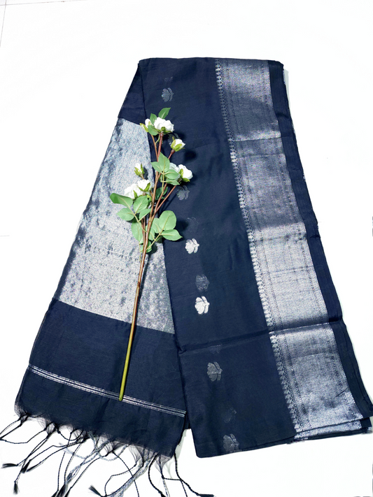 Black | Maheshwari Cotton Silk Handloom Saree with Woven Silver Zari Buti & Border