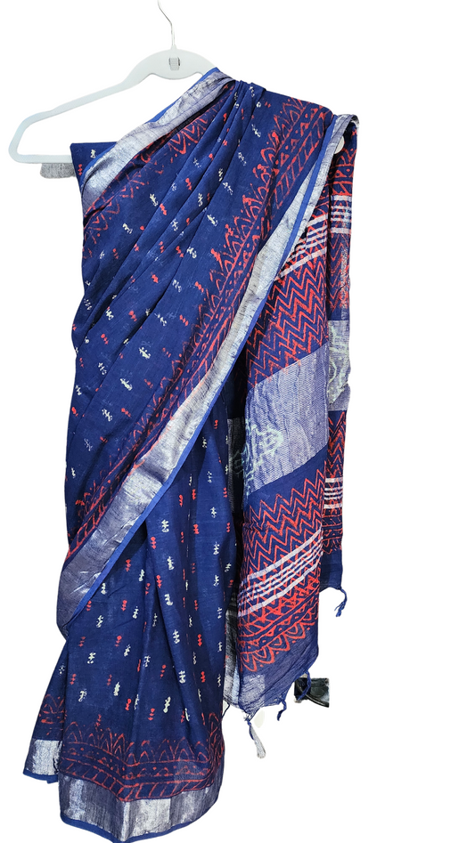 Blue | Linen Bagru Handblock Print Saree