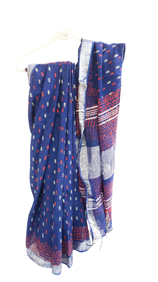 Blue | Linen Bagru Handblock Print Saree