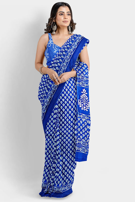 Dark Blue | Mul Mul Cotton Hand Block Printed Saree