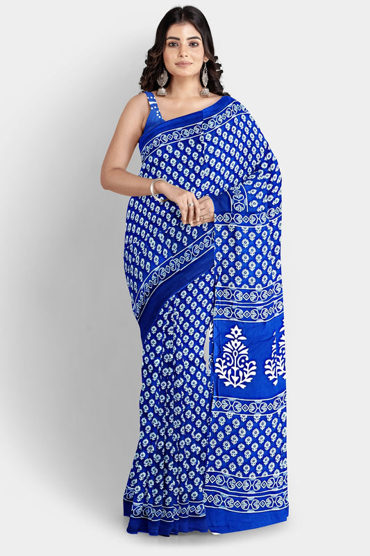 Dark Blue | Mul Mul Cotton Hand Block Printed Saree