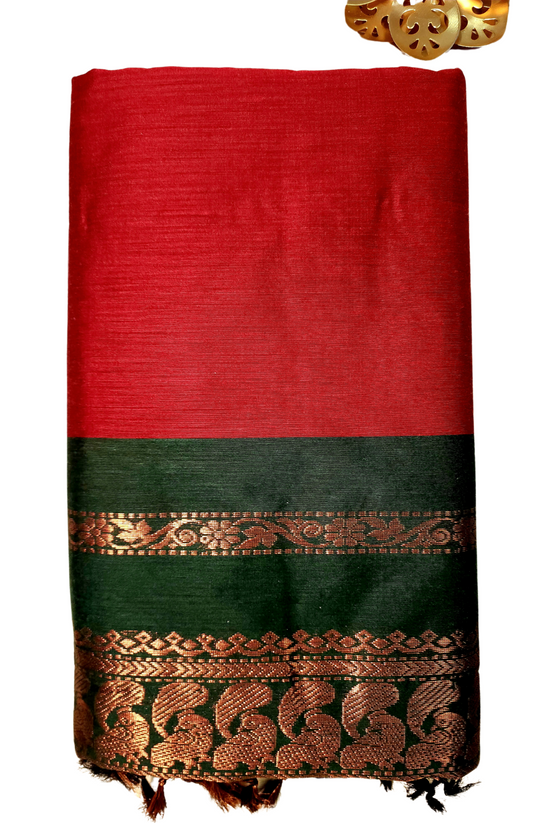 Red | Gadwal / Kalyani Cotton Silk Sarees Handloom Saree with Green Zari Border