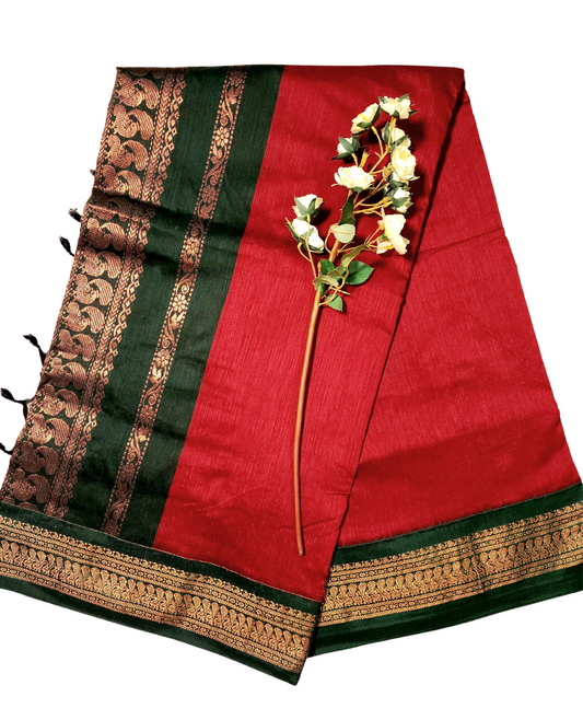 Red | Gadwal / Kalyani Cotton Silk Sarees Handloom Saree with Green Zari Border