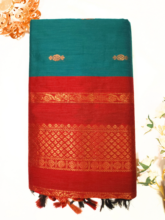 Green | Gadwal / Kalyani Cotton Silk Sarees Handloom Saree with Red Zari Border