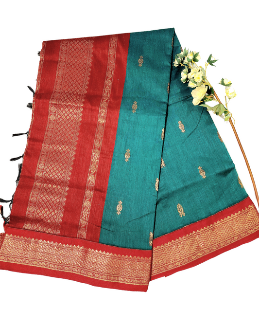 Green | Gadwal / Kalyani Cotton Silk Sarees Handloom Saree with Red Zari Border