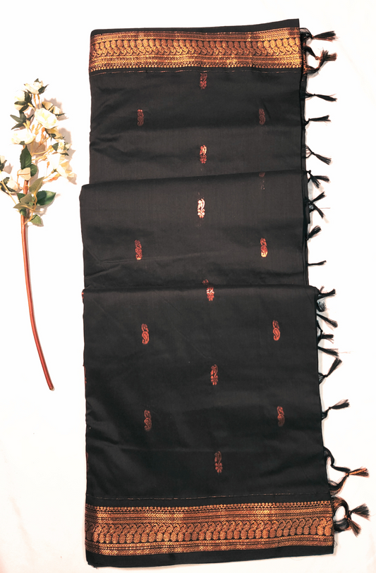 Black | Gadwal / Kalyani Cotton Silk Sarees Handloom Saree with Thin Zari Border