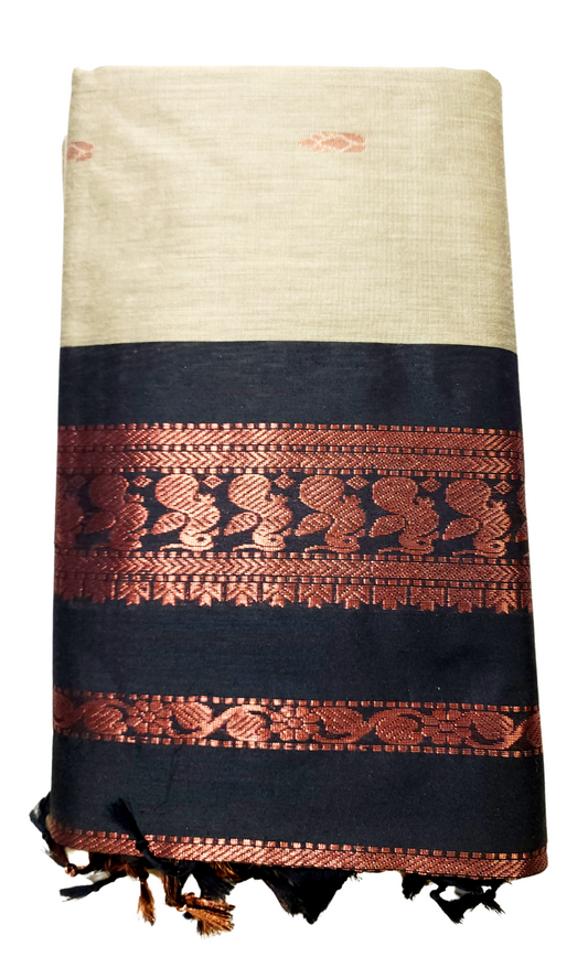 Cream | Gadwal / Kalyani Cotton Silk Sarees Handloom Saree with Black Zari Border