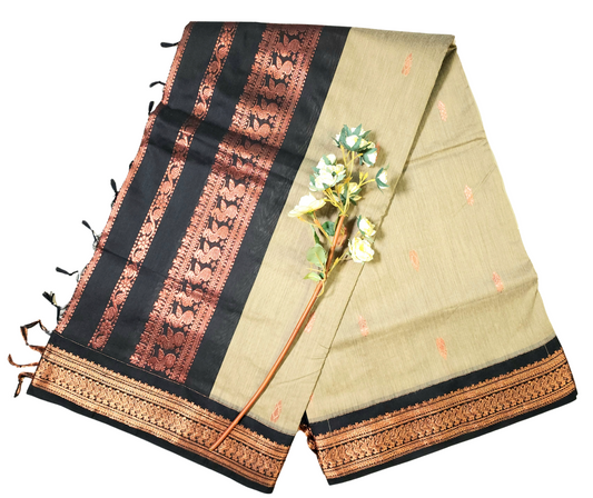 Cream | Gadwal / Kalyani Cotton Silk Sarees Handloom Saree with Black Zari Border