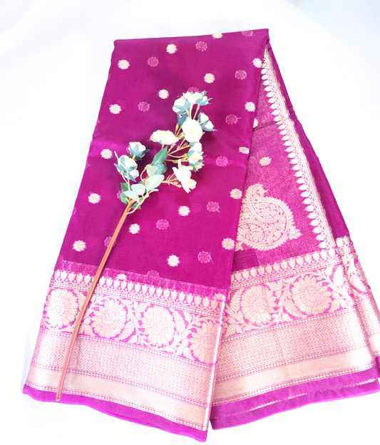 Magenta | Banarasi Kora Organza Silk Saree with Broad Zari Border