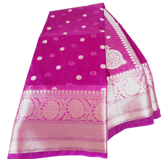 Magenta | Banarasi Kora Organza Silk Saree with Broad Zari Border