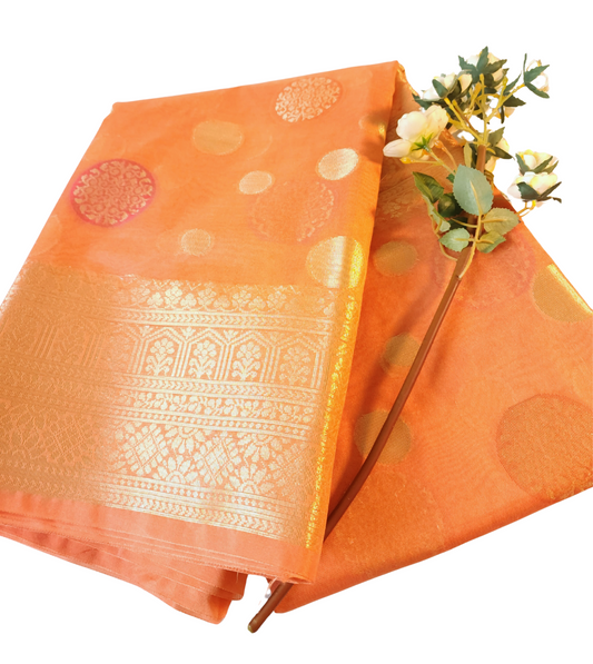 Orange | Banarasi Kora Organza Silk Saree with Broad Zari Border