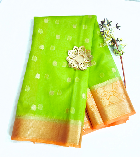 Lime Green | Banarasi Kora Organza Silk Saree with Broad Orange Zari Border