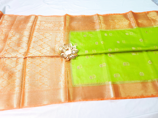 Lime Green | Banarasi Kora Organza Silk Saree with Broad Orange Zari Border