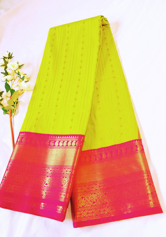 Lime Green | Vegan Silk Saree with Broad Pink Zari Border