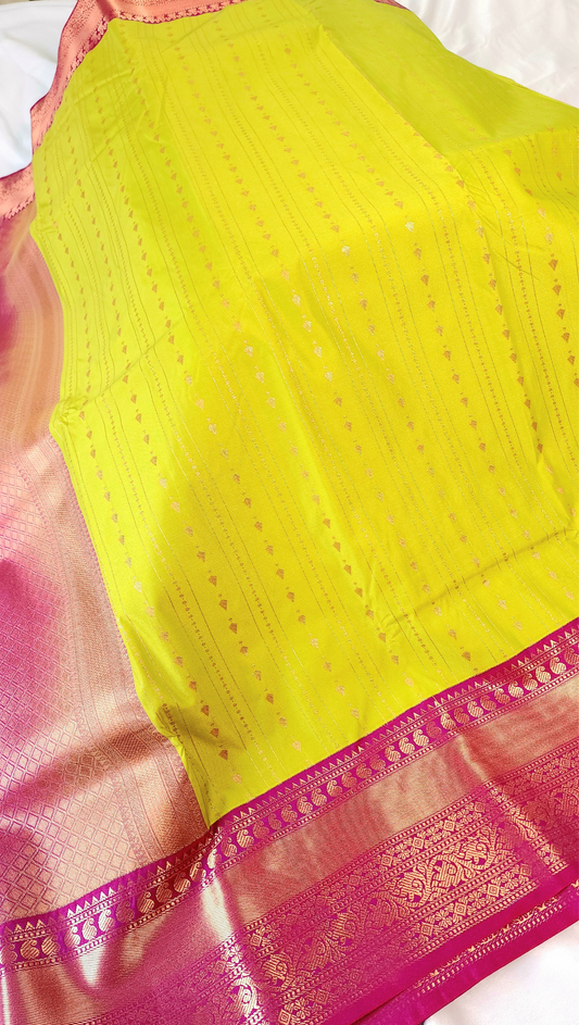 Lime Green | Vegan Silk Saree with Broad Pink Zari Border