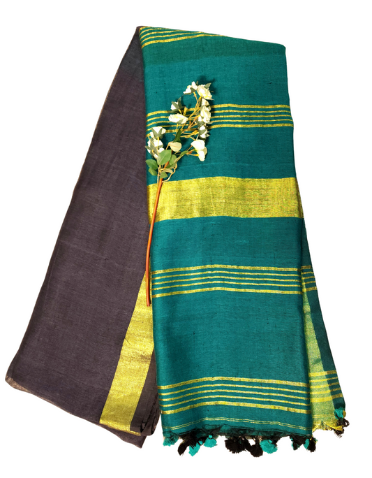 Black | Linen Handloom Saree with Golden Zari Border