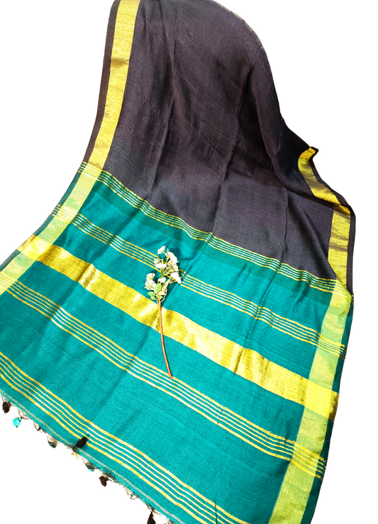 Black | Linen Handloom Saree with Golden Zari Border