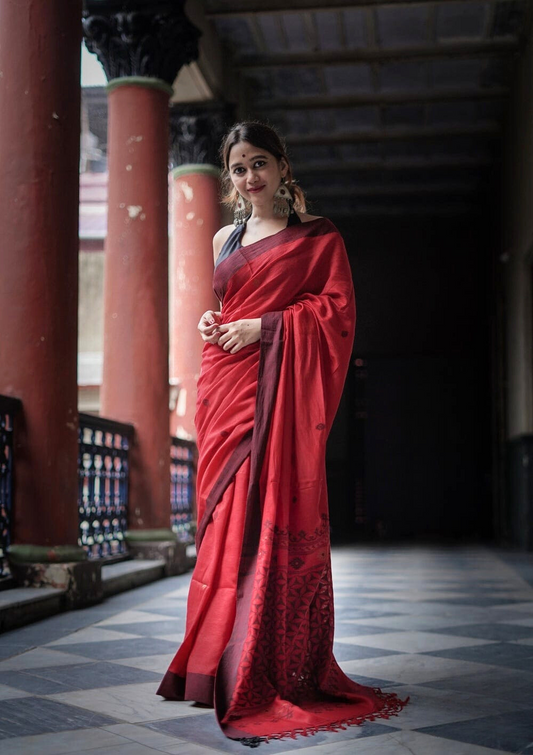 Red | Chanderi Cotton Printed Saree