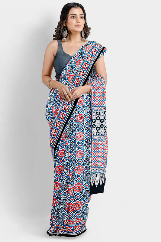 Blue & Red | Mul Mul Cotton Bagru Hand Block Printed Saree