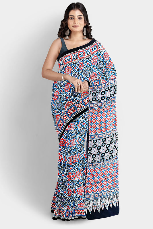 Blue & Red | Mul Mul Cotton Bagru Hand Block Printed Saree