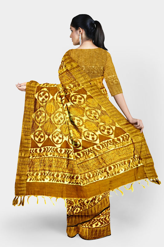 Mustard | Cotton Silk Ajarak Saree with Temple Border