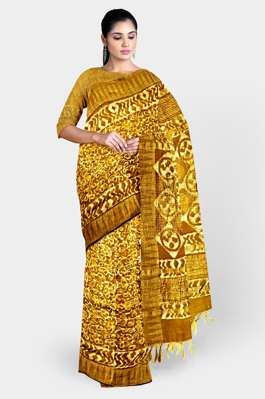 Mustard | Cotton Silk Ajarak Saree with Temple Border