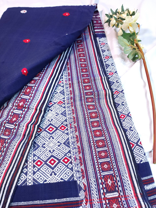 Navy Blue | Assam Khadi Handloom Saree with Delicate Embroidery