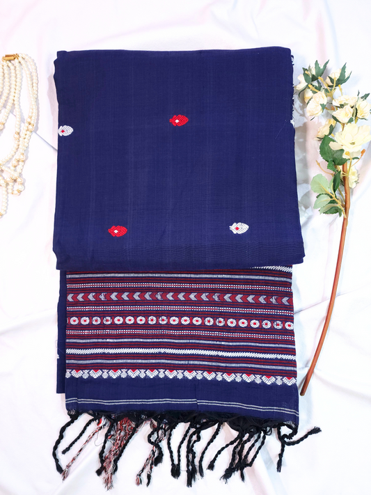 Navy Blue | Assam Khadi Handloom Saree with Delicate Embroidery