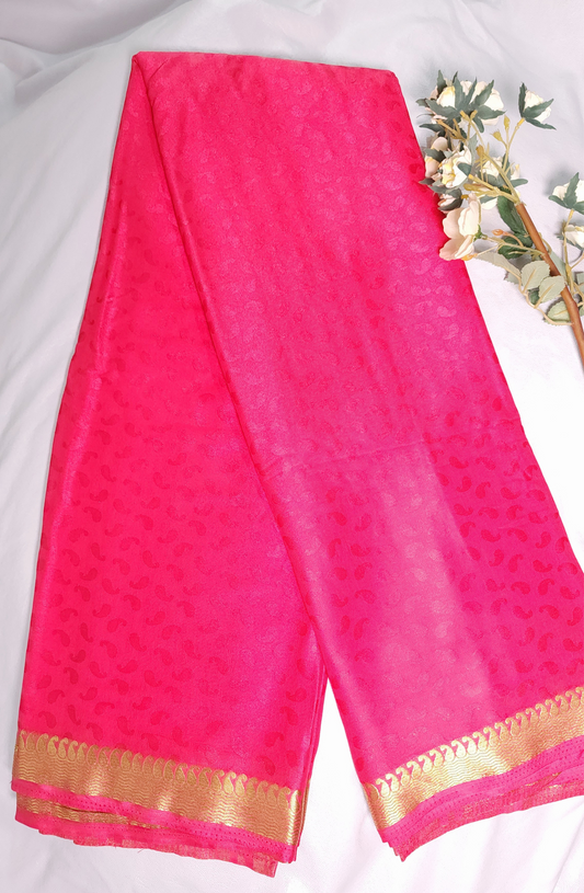 Pink | Soft Silk Saree with Embossed Butti & Thin Zari Border