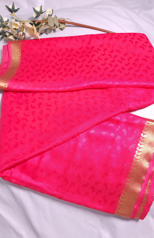 Pink | Soft Silk Saree with Embossed Butti & Thin Zari Border