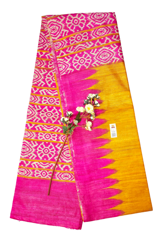 Pink & Yellow | Pure Tussar Ghicha Silk Sarees Printed Saree with Silk Mark