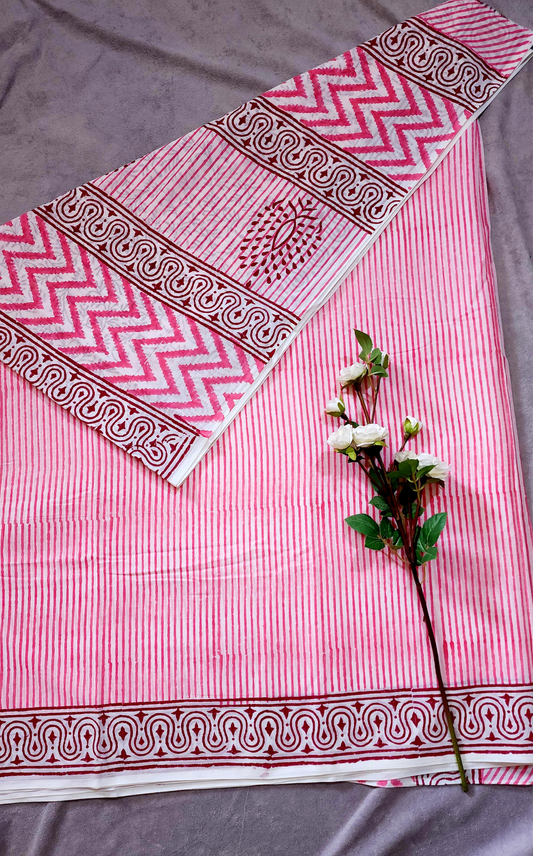 Pink | Mul Mul Cotton Bagru Hand Block Printed Saree