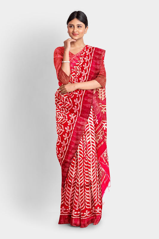 Red & Golden | Cotton Silk Ajarak Saree with Temple Border