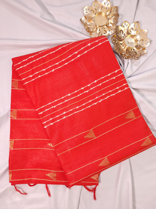 Red | Soft Linen Saree with Woven Zari Temple Buti