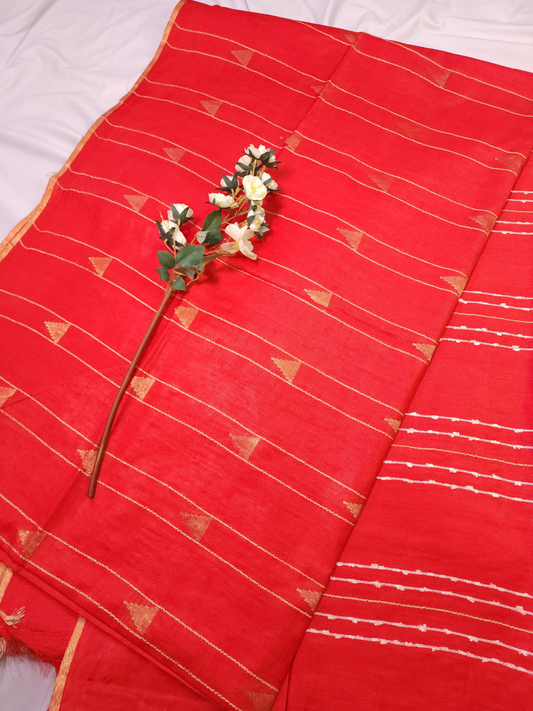 Red | Soft Linen Saree with Woven Zari Temple Buti