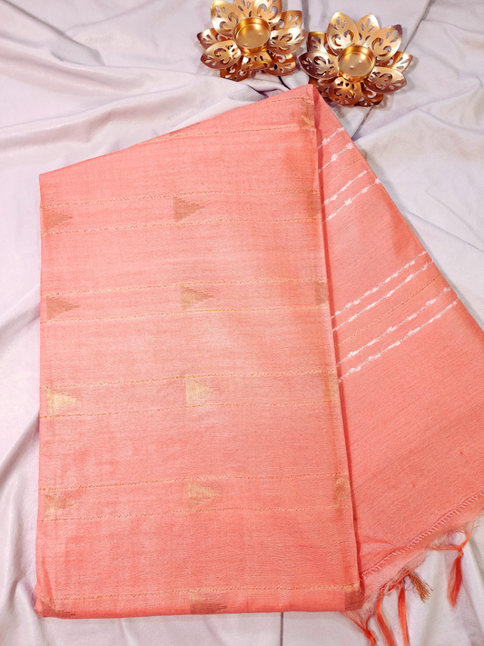 Peach | Soft Linen Saree with Woven Zari Temple Buti