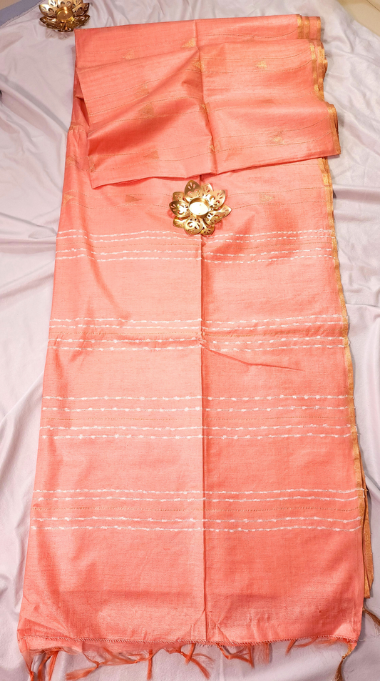 Peach | Soft Linen Saree with Woven Zari Temple Buti