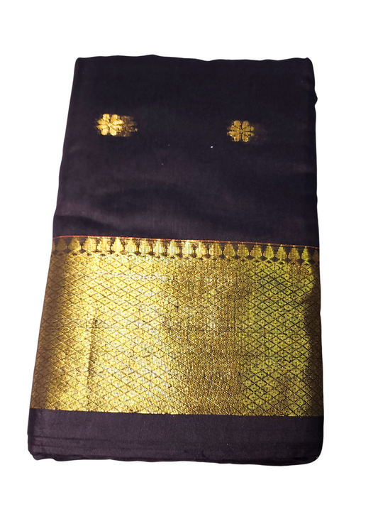 Black | Maheshwari Cotton Silk Handloom Saree with Golden Zari Border