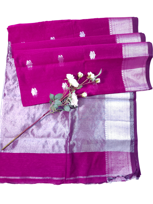 Magenta | Maheshwari Cotton Silk Handloom Saree with Silver Zari Border