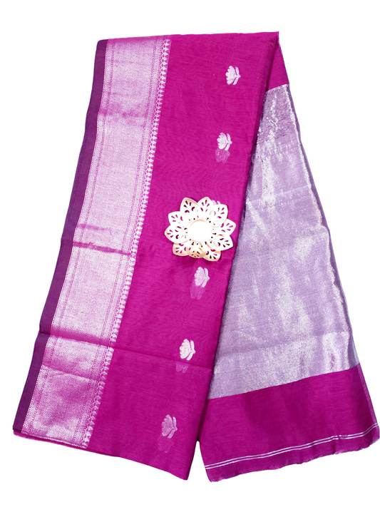 Magenta | Maheshwari Cotton Silk Handloom Saree with Silver Zari Border