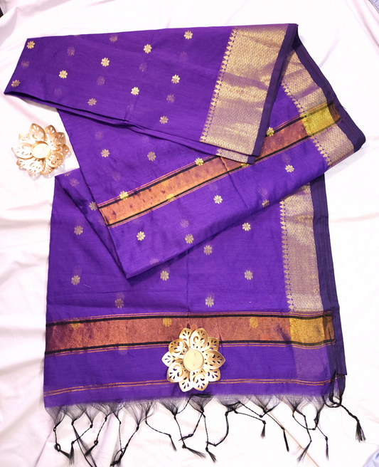 Purple | Maheshwari Cotton Silk Handloom Saree with Golden Zari Border