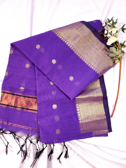 Purple | Maheshwari Cotton Silk Handloom Saree with Golden Zari Border