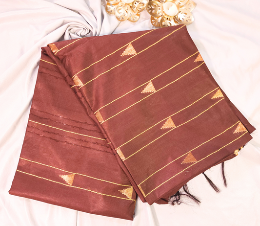 Brown | Soft Linen Saree with Woven Zari Temple Buti